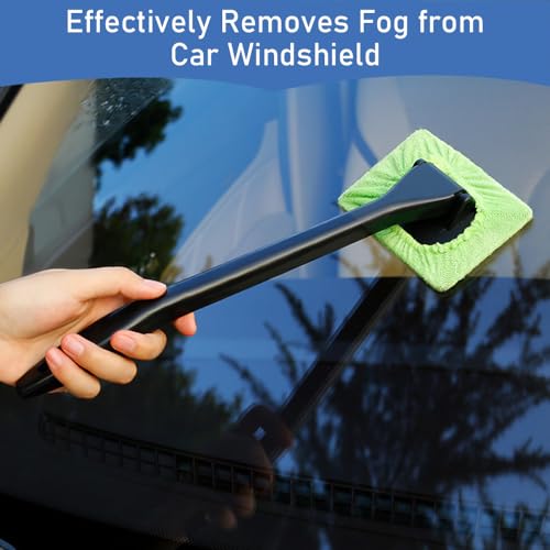 Car Windshield Cleaning Tool, Microfiber Window Cleaner with Long Handle & 4 Washable Reusable Cloth Pads, Auto Home Glass Wiper for Interior Exterior