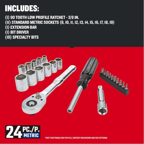 CRAFTSMAN Mechanics Tool Set, 24 Piece, 3/8 Inch Drive Metric, 90-Tooth (CMMT12111) - style: NEW Metric