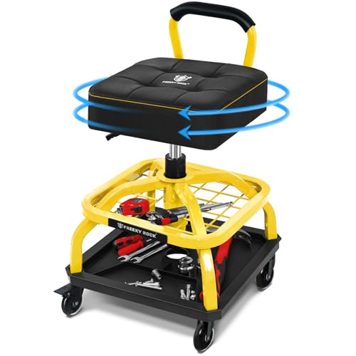 Rolling Shop Stool with Wheels, Garage Mechanic Shop Chair with Handle Backrest, Adjustable Height Work Stool, Roller Seat with Tool Tray Storage, Heavy Duty, 330 LBS Capacity, Yellow - color: D10-yellow