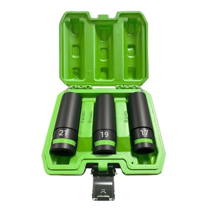 Lug Nut Socket Set, 3-Piece 1/2-inch Drive Thin Wall Impact Socket Set for Wheel Nuts, Metic 17 19 21mm Non-Marring Wheel Protector Removal Tool, Cr-Mo Steel, PTM02003 - size: 3-Piece
