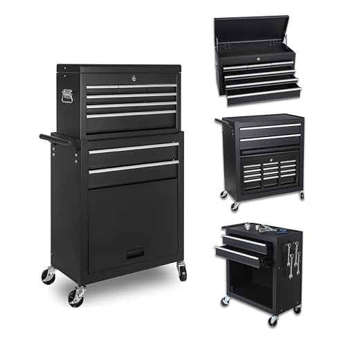 8-Drawer Rolling Tool Chest with Detachable Top Toolbox | Lockable Steel Tool Chest with Wheels,Drawer Liners,Enhanced Packaging for Garage,Workshop,Mechanic, Black - color: Black, style: 8 drawer-detachable