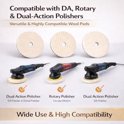 6 Inch Wool Buffing Pads, 3PCS Wool Cutting & Polishing Pad Kit for DA Polisher, Low Lint Paint Correction Pads