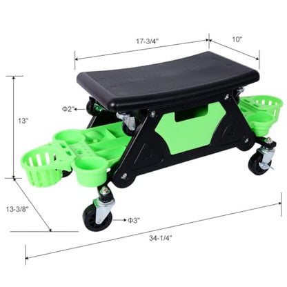 Mechanic Creeper Seat, Rolling Garage Stool with Detachable Cushion, Storage Drawer, Tool Trays, 300 lbs Heavy Duty, 360° Swivel Wheels for Auto Repair Workshop, Green