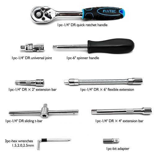 FIXTEC 46-Piece 1/4-Inch Drive Socket Ratchet Wrench Set, Metric Socket & Bit Set with Extension Bars, Universal Joint and Storage Case, CR-V Steel Tool Kit for Auto Repair and Home Maintenance