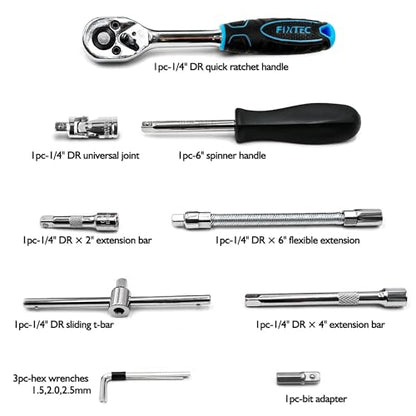 FIXTEC 46-Piece 1/4-Inch Drive Socket Ratchet Wrench Set, Metric Socket & Bit Set with Extension Bars, Universal Joint and Storage Case, CR-V Steel Tool Kit for Auto Repair and Home Maintenance