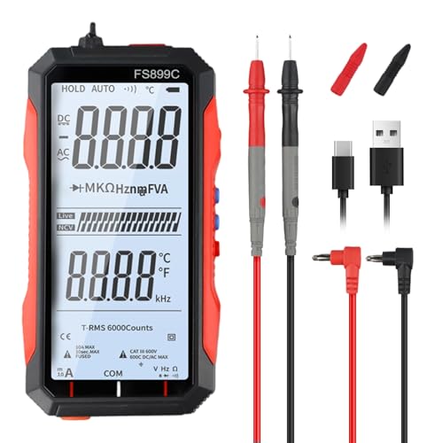 FS899C Digital Multimeter with LCD Screen, USB C Rechargeable Electrical Testing, 6000 Counts True RMS AC/DC Voltage Tester, NCV, Capacitance, Non Voltage Detector for Car, Home - size: FS899C & no watch case