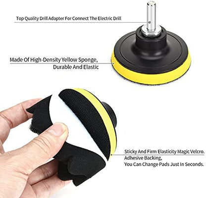 11Pcs 3 Inch Car Foam Drill Polishing Pad Kit, 5 Color Graded Sponge Buffing Pads + Wool Buff Pad, Hook & Loop Backing Plate with M10 Drill Adapter for Auto Detailing, Polishing, Waxing, Sealing Glaze