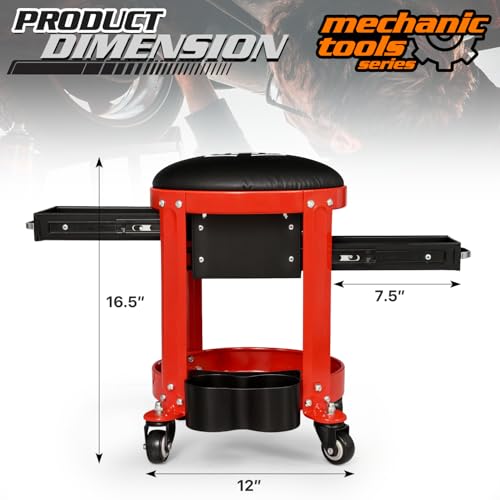 M-AUTO Rolling Workshop Mechanic Stool Creeper Seats with Tool Storage Drawers and Can Holders, 300LbS Garage Rolling Toolbox Stool with Wheels, Work Rolling Stools for Shop or Garage, Red