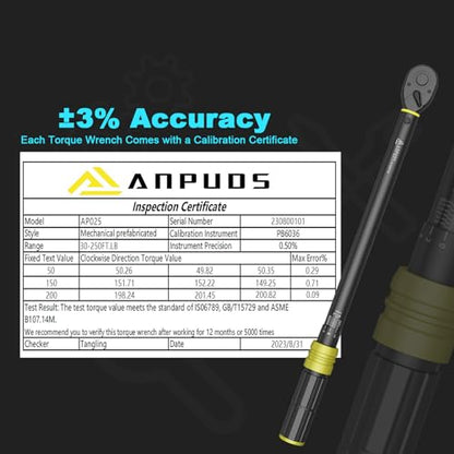 ANPUDS 1/2-Inch Drive Click Torque Wrench, 30-250 Ft-Lb / 40.7-339 Nm | ±3% Accuracy, Heavy Duty, 72-Tooth Dual Direction Reversible Ratchet, Dual Scale, for Car, Truck, SUV, RV, Tractor & Towing - size: 30-250 ft-lb / 40.7-339 Nm