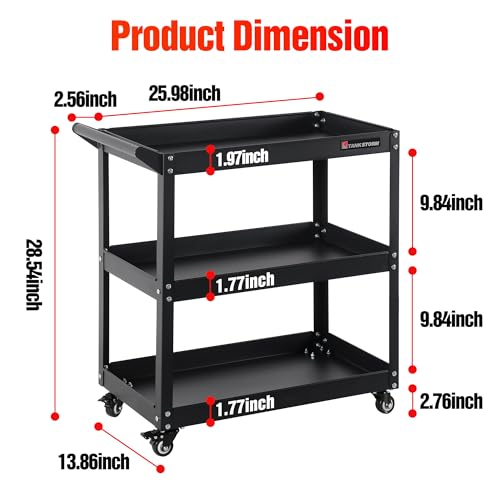 3 Tier Heavy Duty Rolling Tool Cart, Industrial Steel Service Cart for Garage, Workshop, Warehouse, 330LBS Capacity, Black Mechanics Tool Trolley with Wheels and Handle