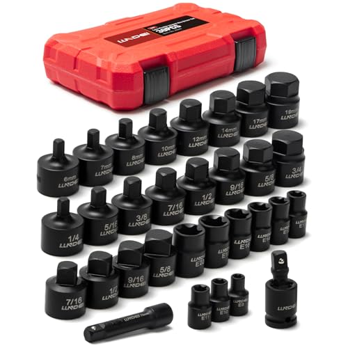 LLNDEI 30PCS 1/4-3/4 SAE/Metric, 3/8 Drive Low Profile Impact Hex Driver Set, 6-19mm, with E-torx Bit Socket Set E8-E20, Square Bit Socket, U-Joint Extension Bar, Cr-Mo, Storage Case