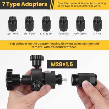 Hydraulic Nitrogen Accumulator Charging Kit, Nitrogen Fill Kit, Pressure Test System, Gas Charge Tools with 7 Adapters, 3 Gauges, 1 Gas Hose and G5/8 Male to CGA580 Male Adapter - style: 3 Gauge Charging Kit
