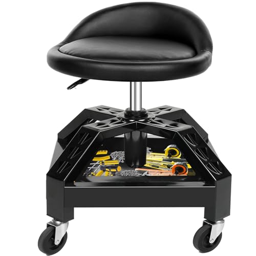 Garage Shop Rolling Seat, Heavy Duty Adjustable Rolling Mechanic Stool with Lockable 360° Wheels, 350 Lbs Capacity, Work Stool with Tool Tray for Garage & Workshop