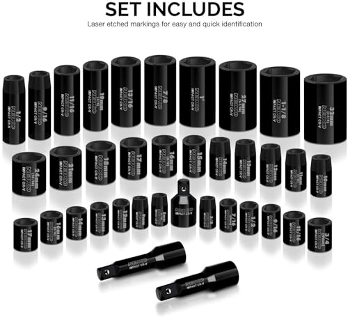 NEIKO 02443A 3/8" and 1/2" Drive Master Impact Socket Set | 38 Piece | Standard SAE (Inch) and Metric (mm) Sizes Below | Deep and Shallow Kit | Cr-V Steel | Includes Duometric Sockets