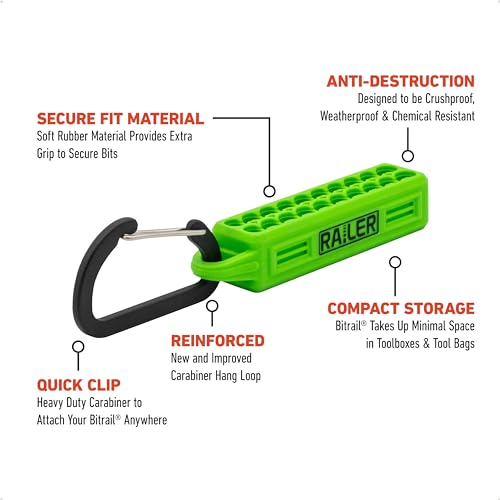 Railer 20pc Impact Driver Bit Set - Premium S2 Steel Screwdriver Bits with Torx, Hex, Phillips, Square & Slotted - Heavy Duty 1/4" Hex Shank Bits with Crushproof Storage Bit Holder & Carabiner Clip - color: Hi-vis Green Bitrail