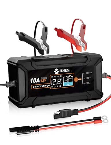 DC House 12V 10A LiFePO4 Battery Charger, Smart Trickle Charger Fully Automatic Maintainer Desulfator for Lead-Acid & LiFePO4 Batteries Car Motorcycle Truck Lawn Mower