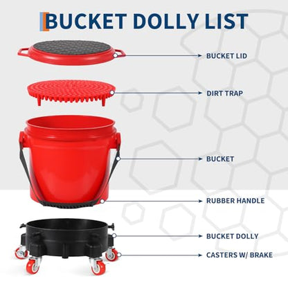 5 Gallon Car Wash Bucket Kit, 300LB Capacity Washing System with 5-Wheel Rolling Dolly, 15.5L Bucket, Grit Trap & Lid, Mobile Detailing Station for Car Wash (Red/Black)