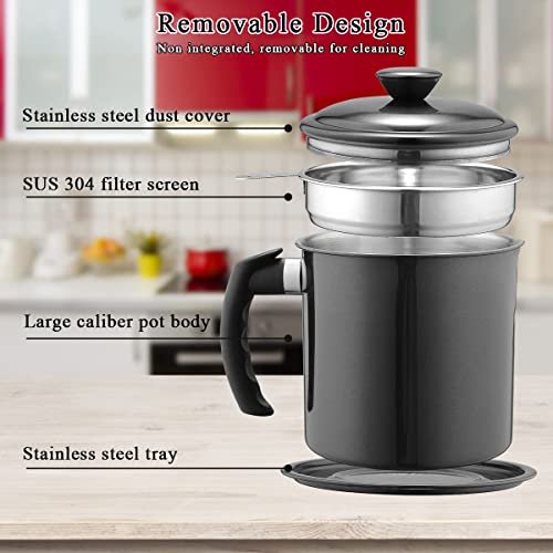 Kyraton Black Bacon Grease Container With Strainer, 48 oz Black Coating Stainless Steel Oil Container, Pot Fat Storage With Lid, Easy Grip Handle Suitable For Storing Frying Oil And Cooking Grease - color: 2. Black