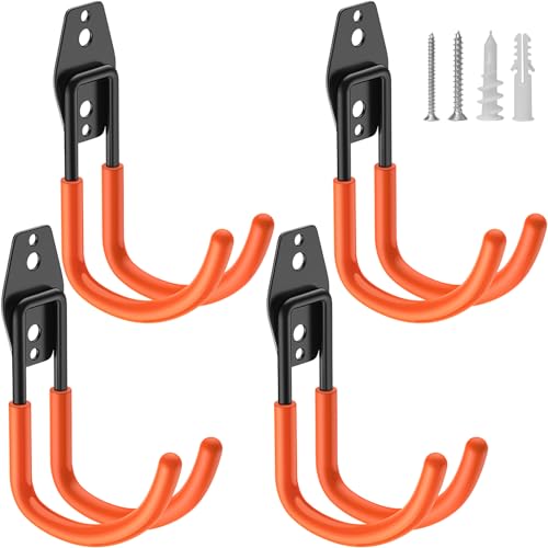 HUPBIPY Heavy Duty Garage Hooks 4 Pack, J Shaped Hanger, Wall Mounted Storage System, Power and Garden Tool Organizer, for Hanging Ladders, Bikes Tires, Hose, Bulk Items - color: Orange Large J Hooks