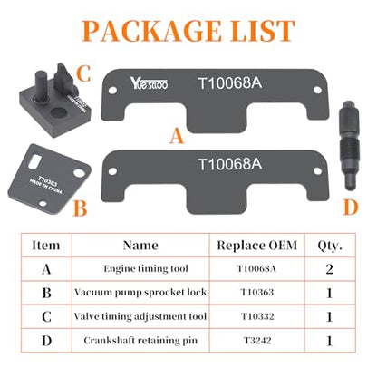 Engine Timing Tool Set, Compatible with Audi VW W8 W12 Touareg 3.2L, Magotan CC 3.0L, Audi & Porsche 3.6L VR6, and Bentley 6.0L / 6.3L W12 Engines, T10068A T10332 T10363, with Gloves