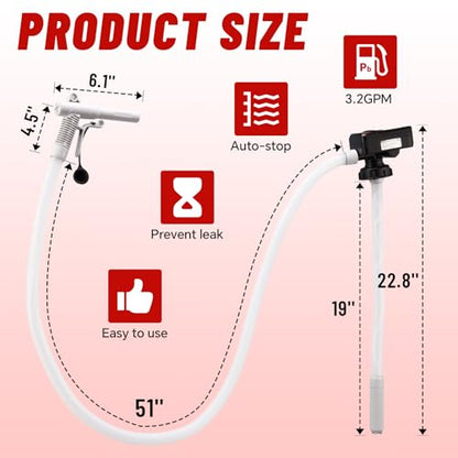 Portable Fuel Transfer Pump with Auto-Stop, 51" Extra Long Hose, 3.2 Gallon per Min, 4 Can Adapters and Leak protection, Automatic Powered Gas Pump for Oil, Diesel and Gasoline
