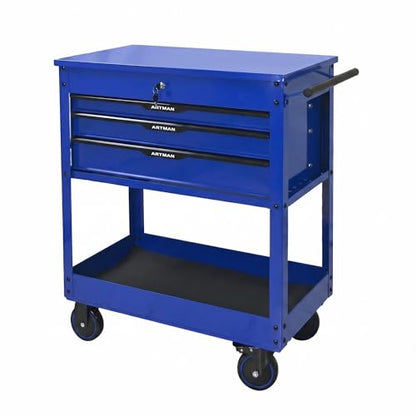 Rolling Tool Chest with Metal Top, 3-Drawer Tool Cart with Wheels, Blue | Ball-Bearing Slides, Powder-Coated Finish, Side Tool Rack, Lockable, Locking Brakes, Ergonomic Push Handle - color: Blue