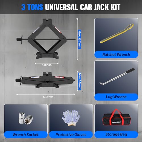 Car Jack Kit, 3 Ton (6614 lbs) Scissor Jack for Car, SUV, MPV | Alloy Steel Heavy Duty Scissor Car Jack, Portable Garage Tire Change Repair Tool, Outdoor Car Emergency Kit - size: 3T