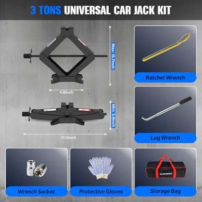 Car Jack Kit, 3 Ton (6614 lbs) Scissor Jack for Car, SUV, MPV | Alloy Steel Heavy Duty Scissor Car Jack, Portable Garage Tire Change Repair Tool, Outdoor Car Emergency Kit - size: 3T