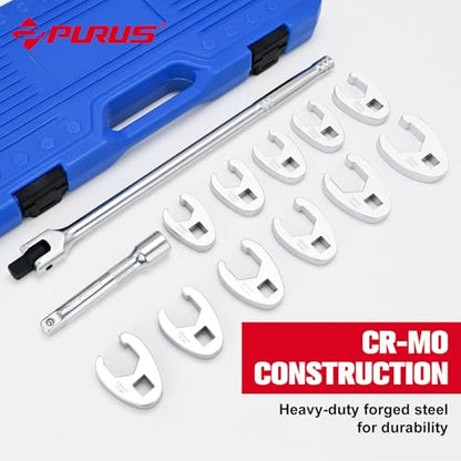 PURUS 13PCS 1/2 Drive Crowfoot Wrench Set, Large Sizes 20mm to 32mm Flare Nut Crow foot Wrenches with 14.7" Breaker Bar & 5" Extension Rod, Heavy Duty Mechanic Tools for Automotive & Truck Repair