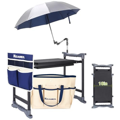 Garden Kneeler and Seat with Umbrella, 2-in-1 Foldable Gardening Stool with Adjustable Bracket, Detachable Tool Bags, Heavy Duty Kneeling Pad for Gardening (Beige Blue) - color: Beige & Blue