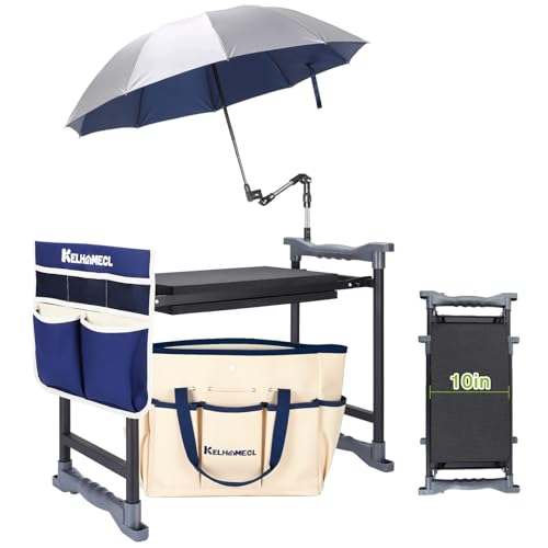 Garden Kneeler and Seat with Umbrella, 2-in-1 Foldable Gardening Stool with Adjustable Bracket, Detachable Tool Bags, Heavy Duty Kneeling Pad for Gardening (Beige Blue) - color: Beige & Blue