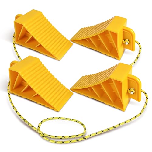 ROBLOCK 4 PCS Wheel Chocks with Rope for Travel Trailers, Non-Slip Grooved Wheel Blocks for RVs, Campers, Trucks, Cars, Boat Trailers, Parking Stabilizer RV Accessories, Easy to Carry, Yellow - size: 4 PCS