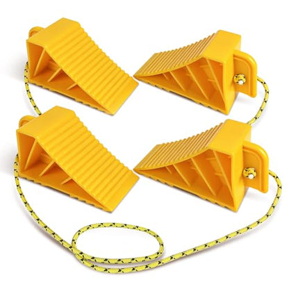 ROBLOCK 4 PCS Wheel Chocks with Rope for Travel Trailers, Non-Slip Grooved Wheel Blocks for RVs, Campers, Trucks, Cars, Boat Trailers, Parking Stabilizer RV Accessories, Easy to Carry, Yellow - size: 4 PCS