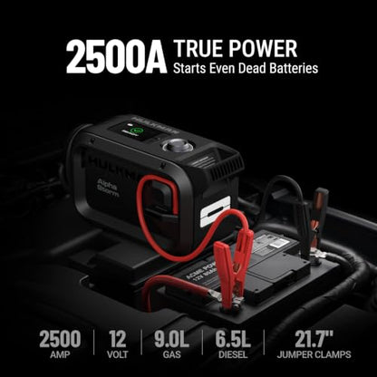 HULKMAN Alpha Storm, 2500A 4-in-1 Smart Jump Starter with Air Compressor,12V Jump Box for Car Battery Portable (9.0L Gas/6.5L Diesel),120PSI Tire Inflator, IPS Display, for Pickup Trucks,SUVs & RVs