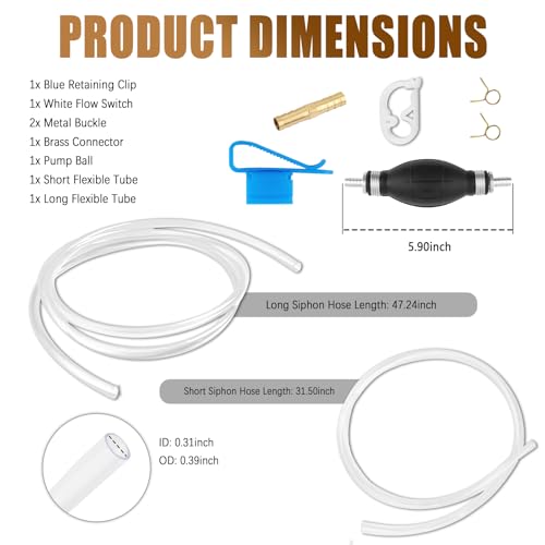 Enlarged Caliber Gas Siphon Pump for Gasoline,6.5Ft Fuel Siphon Hose Kit with Extension Nozzle Pinch Clip,Professional Gas Syphon Pump for Gasoline,Oil,Water Car Accessories
