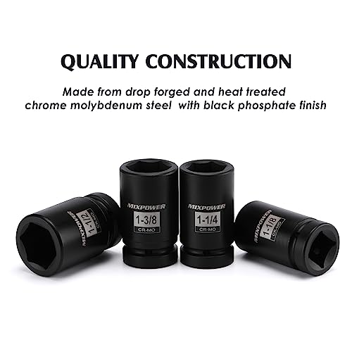 MIXPOWER 9PCS 1"Drive Impact Deep Socket Set, 6 Point, 1" - 2", CR-MO, SAE, Deep, 1" Dr. Deep Spindle Axle Nut Impact Socket Set - size: 25.4mm-50.8mm (9 Pieces)