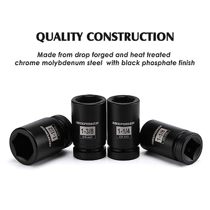 MIXPOWER 9PCS 1"Drive Impact Deep Socket Set, 6 Point, 1" - 2", CR-MO, SAE, Deep, 1" Dr. Deep Spindle Axle Nut Impact Socket Set - size: 25.4mm-50.8mm (9 Pieces)