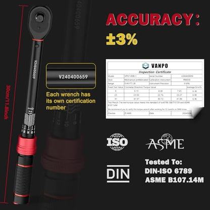 VANPO Torque Wrench 3/8-inch Drive 5-45 Ft-Lb for Spark Plugs,±3% Accuracy | Click Style, 6.8-61Nm, Dual-Direction, 72 Tooth, Aluminum Adjustable Torque Wrench for Bike, Motorcycle & Engine Repair - size: 3/8-Inch(5-45 Ft-Lb/6.8-61 Nm)