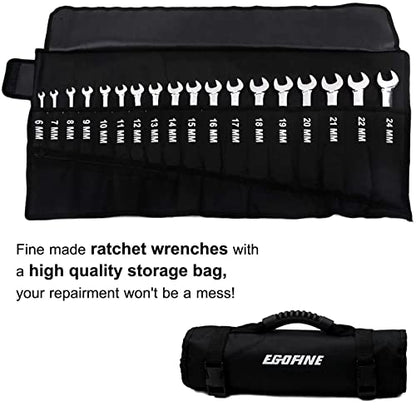 Egofine Ratcheting Wrench Set, 6 mm - 24 mm Metric Wrench Set 18pc, 72 Teeth Combination Wrenches Set, Chrome Vanadium Steel with a Roll Up Storage Bag - size: Metric-18 piece set