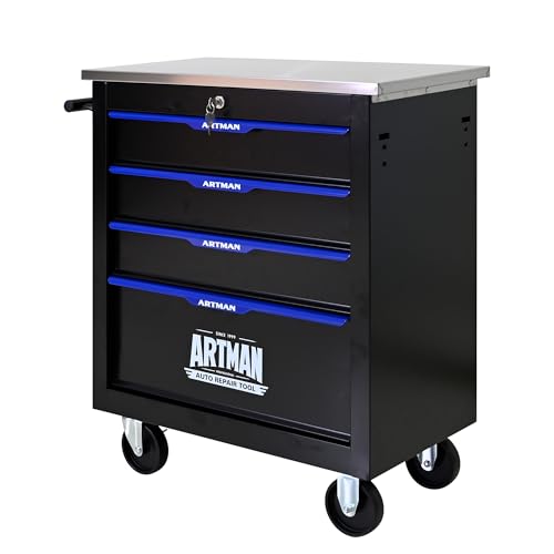 4 Drawers Tool Cart on Wheels with Stainless Steel Worktop, Heavy Duty Mobile Rolling Drawer Tool Chest with Secure Locking System & Locking Wheels for Garage,Warehouse,Workshop (Black&Blue) - color: Black&Blue, size: 4 Drawers 25.9"W x 13.6"D x 30.7"H