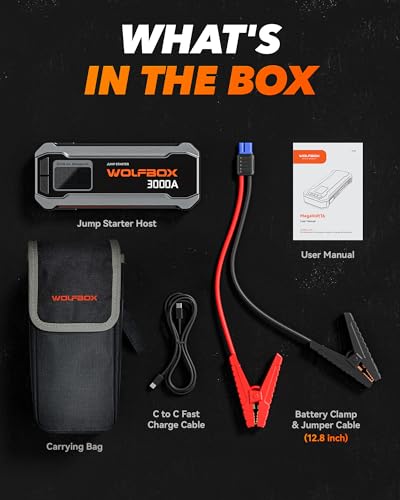 WOLFBOX 3000A Jump Starter,12V Car Battery Jump Starter with 65W Fast Charging, LED Display,59.2Wh Portable Jump Starter Battery Pack(8L Gas 6L Diesel Engine) with Booster,LED Light,Jumper Cables - size: 3000A