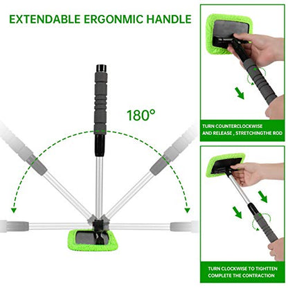 XINDELL Interior Windshield Cleaner Tool – Car Window Cleaning Tool Extendable Handle for Easy Cleaning, 9pcs Reusable Microfiber Pads, Streak-Free Interior & Exterior Auto Glass Cleaner - size: 17in