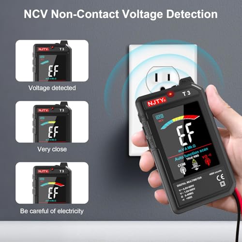NJTY T3 Smart Digital Multimeter, Ultra-Thin Rechargeable Voltmeter with 3.2" Color LCD, Auto-Ranging 600V AC/DC Tester for Resistance NCV Live Wire Detection - color: Black