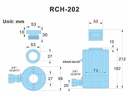 AMZCNC 20T Hydraulic Cylinder Jack Hollow Single Acting Hydraulic Ram Cylinder 2"(50mm) Hydraulic Lifting Cylinders (20T 2Inch Hollow) - size: 20T 2Inch