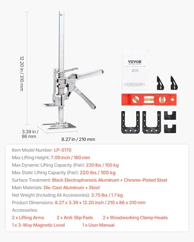 VEVOR Labor Saving Arm Jack, 2 PCS 220 lbs Bearing Capacity, Lifting up to 7.1", Metal Hand Lifting Jack Tool with Magnetic Level, Adjustable Height, for Door, Window, Furniture, Woodworking, Silver - size: L-12inch