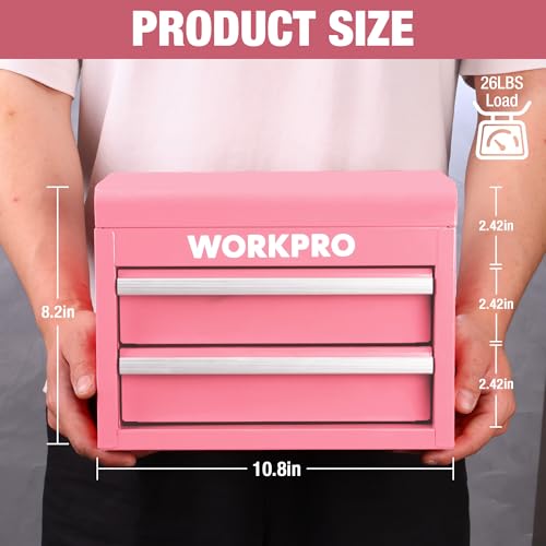 WORKPRO Metal Mini Tool Box with 2 Drawers and Top Storage | Cold Rolled Steel Toolbox, Ball Bearing Slides, PVC Drawer Liners, PP Feet Pads, Durable Storage - color: Pink