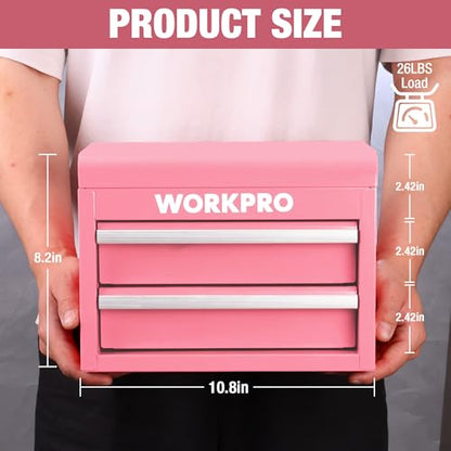 WORKPRO Metal Mini Tool Box with 2 Drawers and Top Storage | Cold Rolled Steel Toolbox, Ball Bearing Slides, PVC Drawer Liners, PP Feet Pads, Durable Storage - color: Pink