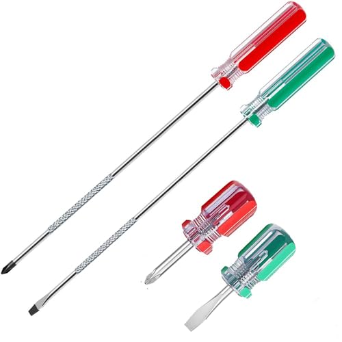 4-Piece Magnetic Screwdrivers Set, 2 Phillips and 2 Flat, Long & Stubby Blade Design, Precision 5mm 6mm Driver Tool - color: Green & Red