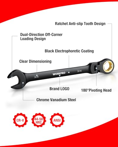 WORKPRO Ratcheting Combination Wrench Set, 8-piece Flex-Head Anti-Slip Set SAE 5/16-3/4 inch, 72-Teeth, Cr-V Constructed, Black Electrophoretic Coating with Rolling Pouch - size: SAE, style: Anti-Slip Tooth