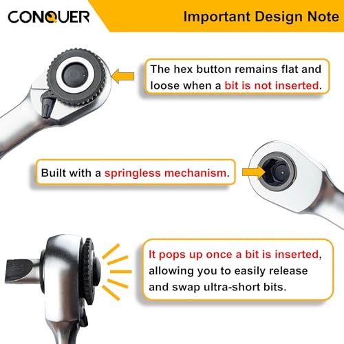 CONQUER 1/4" Mini Ratchet Wrench Low Profile Dual Head | Socket/Bit Driver, 72-Tooth, 5° Swing Arc, Ultra-Low Back Drag, Quick-Release Button; For Tight Engine Bays & EDC Kits - style: Dual Ratchet Socket
